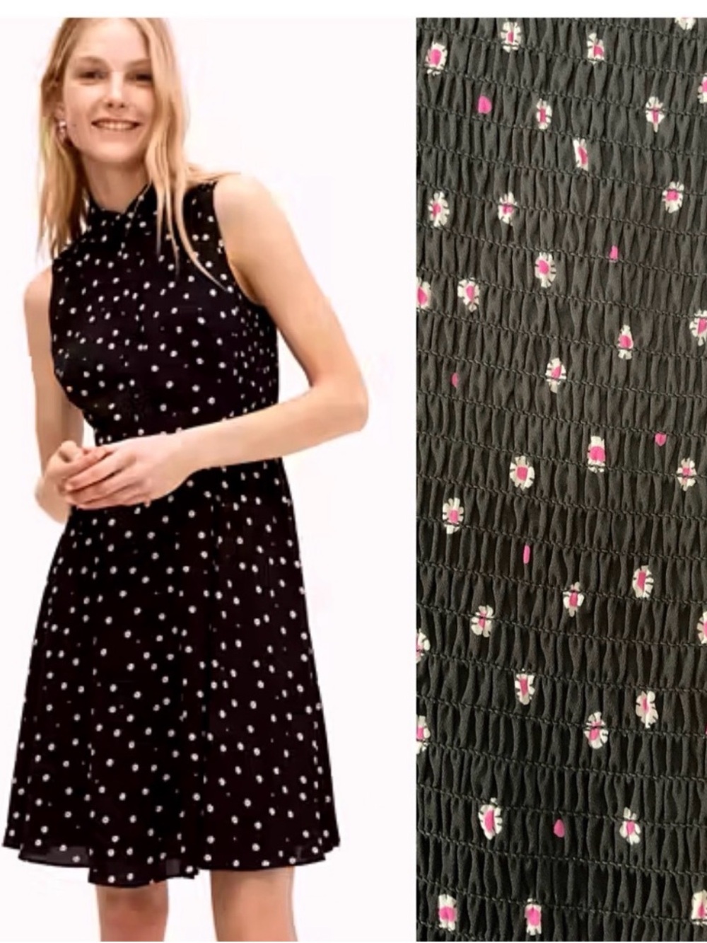 Kate Spade Black Sleeveless Polka Dot A-Line Dress with Pink Floral Accents